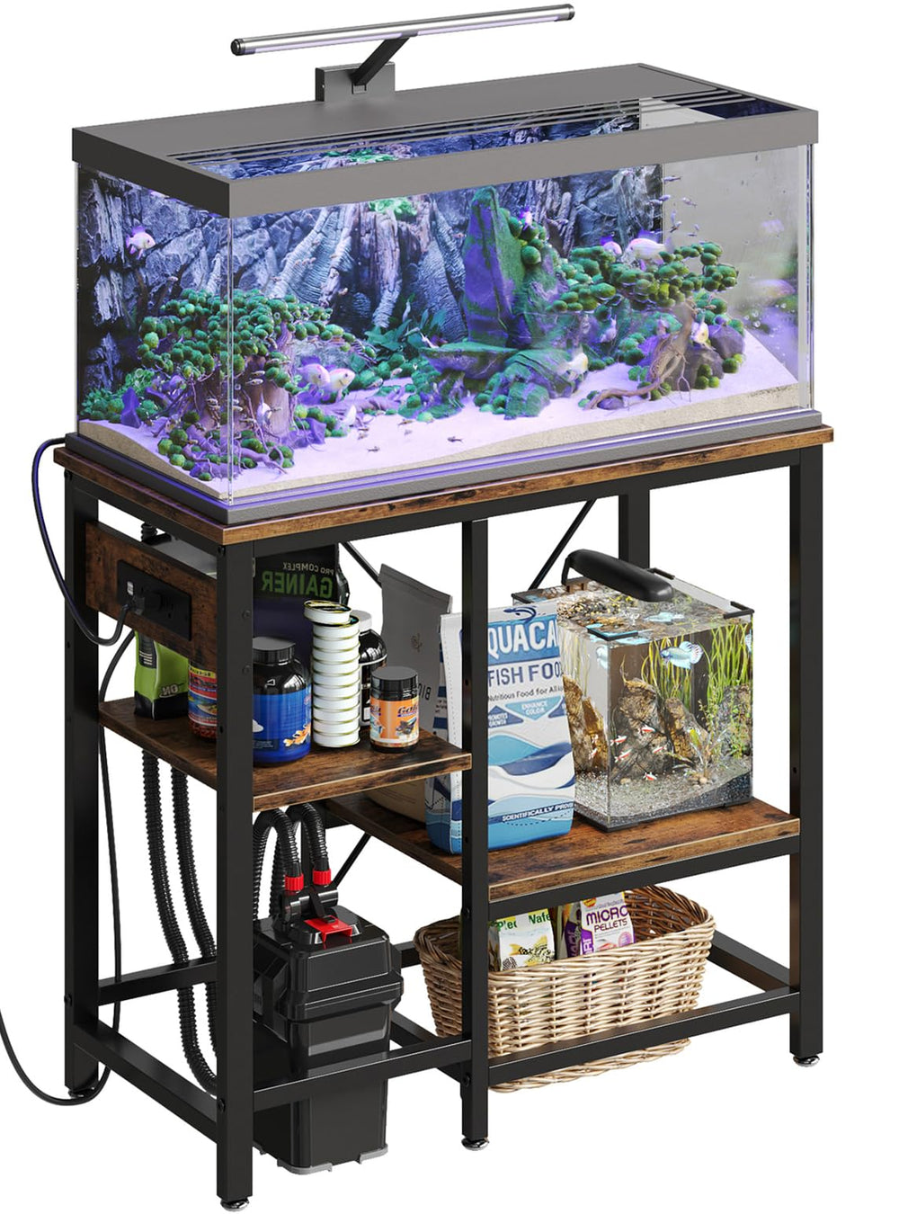 Bestier 30x13 metal aquarium stand front view shows sturdy build and integrated power outlets.