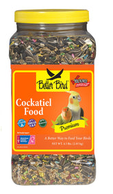 Better Bird Premium Cockatiel Food jar close-up shows a colorful seed mix for balanced nutrition.