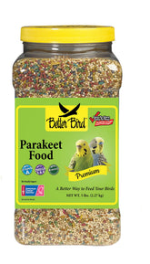 Better Bird Premium Parakeet Food jar front view for easy daily feeding.