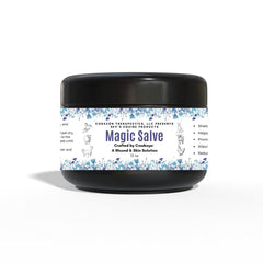 Bev's Magic Salve bottle closeup demonstrates wound protection and soothing care