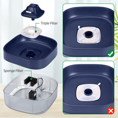 BFLICROY cat fountain filter demonstrates triple-filtration for debris and odors.