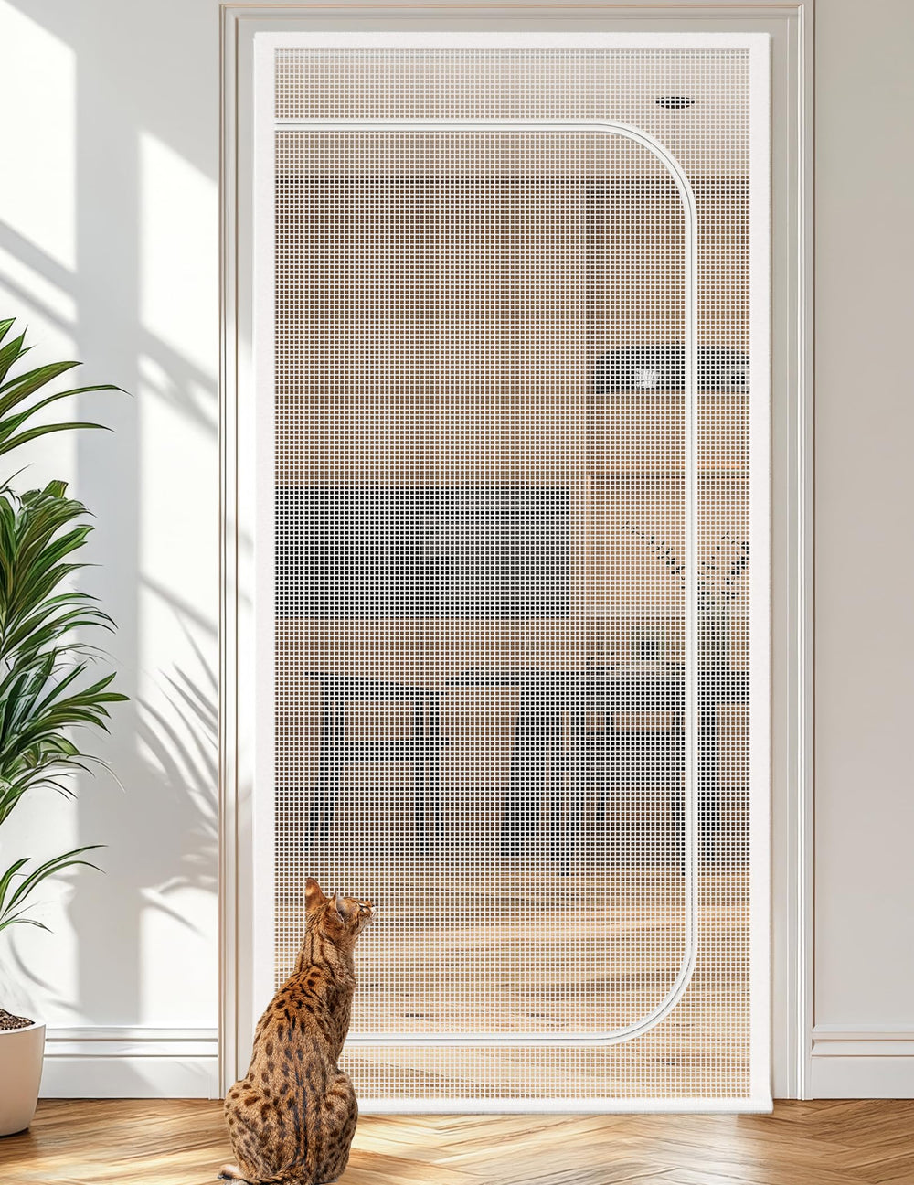 BFNN Cat Screen Door shows extra tall mesh forming a tall barrier to deter curious cats.