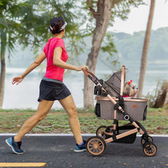 Bicystar pet stroller folded compact form for storage and travel.