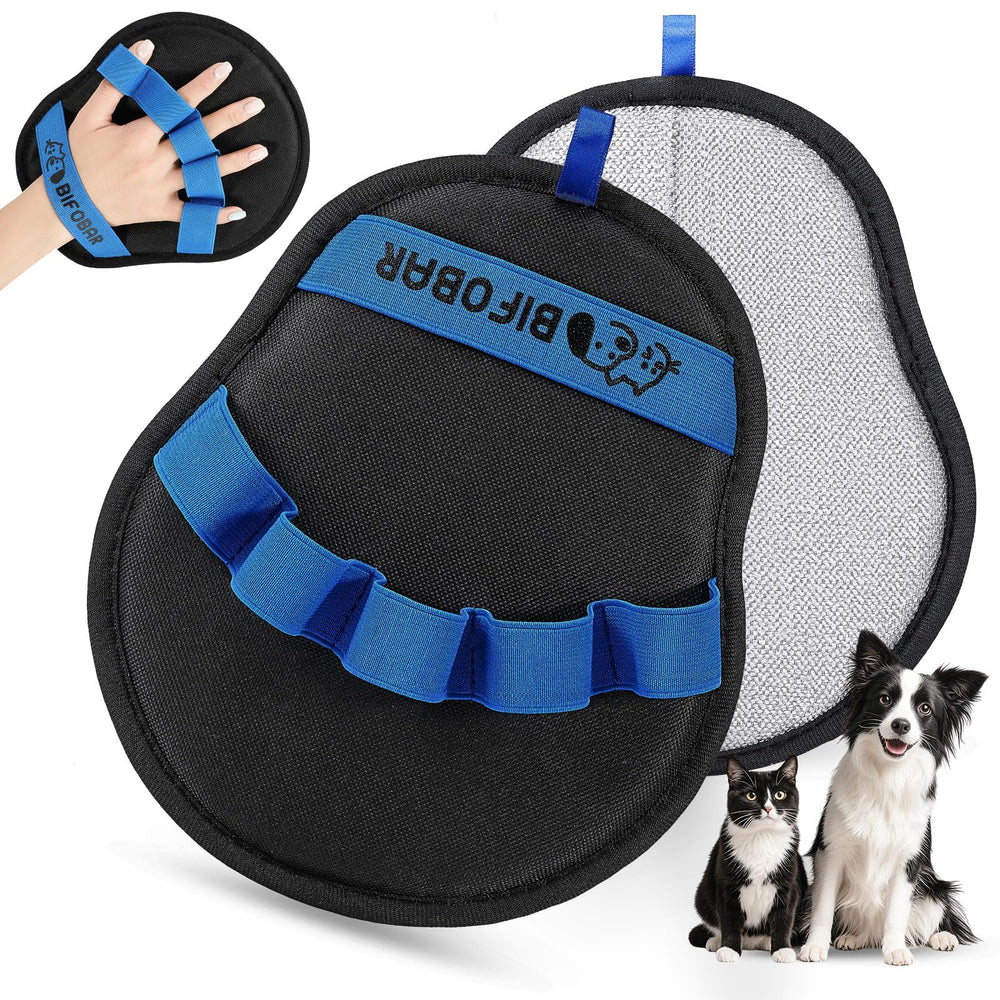 Bifobar pet hair removal glove on hand with five-finger design for precise grooming
