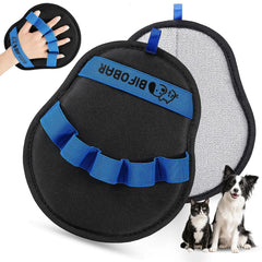 Bifobar pet hair removal glove on hand with five-finger design for precise grooming