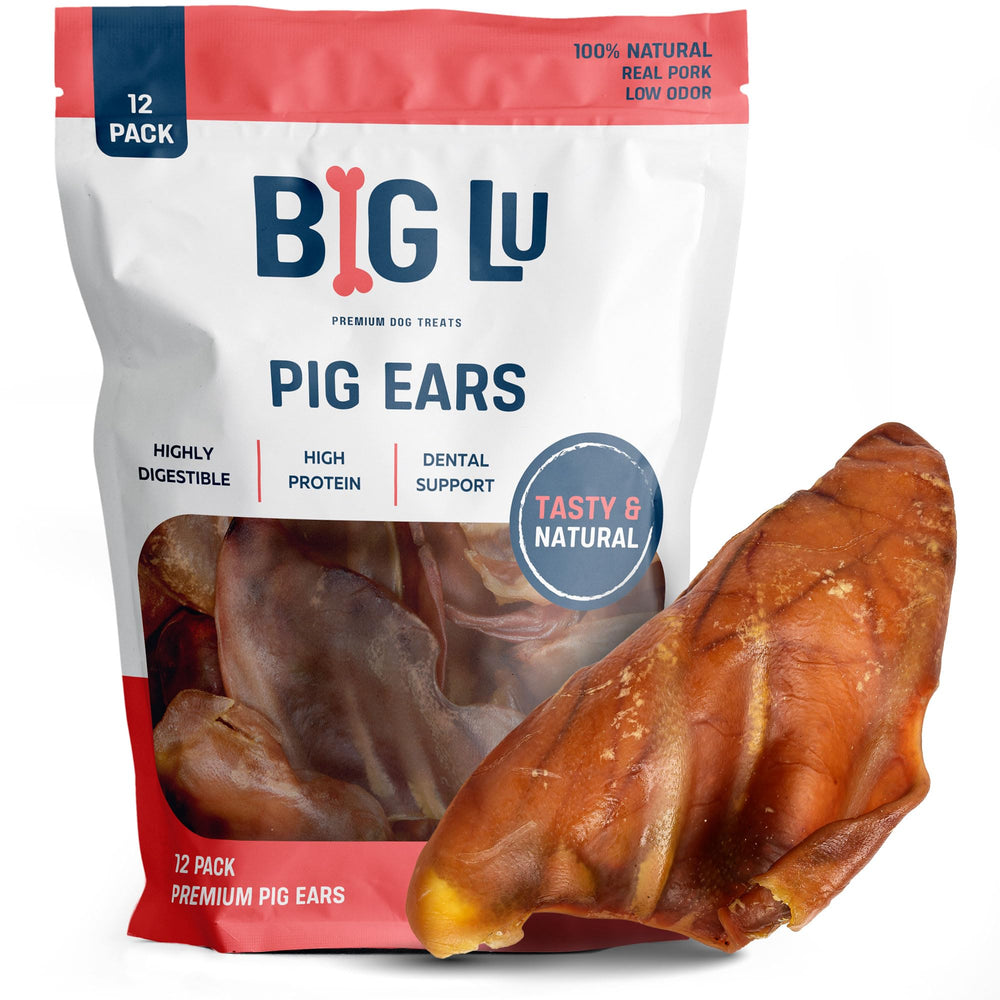 Big Lu whole pig ears dog treat 12-count package, natural pork chew for medium and large dogs.