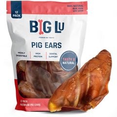 Big Lu whole pig ears dog treat 12-count package, natural pork chew for medium and large dogs.
