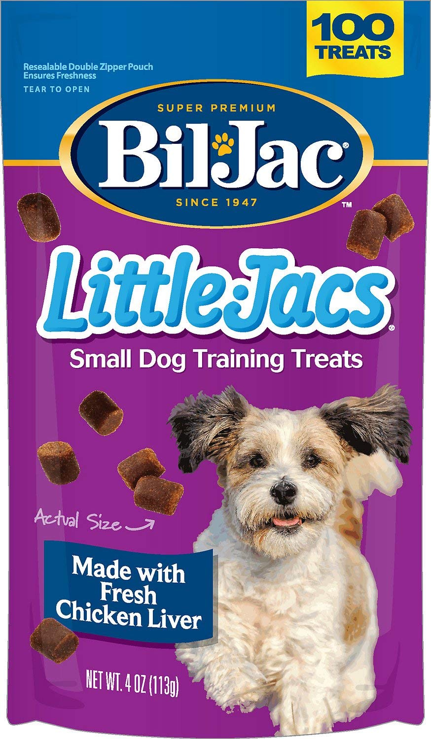 Bil-Jac Little Jacs Liver Treats packaging shown for convenient rewards.