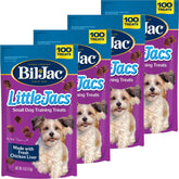 Bil-Jac Little Jacs training treats in resealable pouch preserve freshness during sessions.