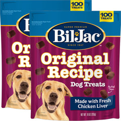 Bil-Jac Original Recipe soft training treats, chicken liver morsels, resealable pouch for freshness.