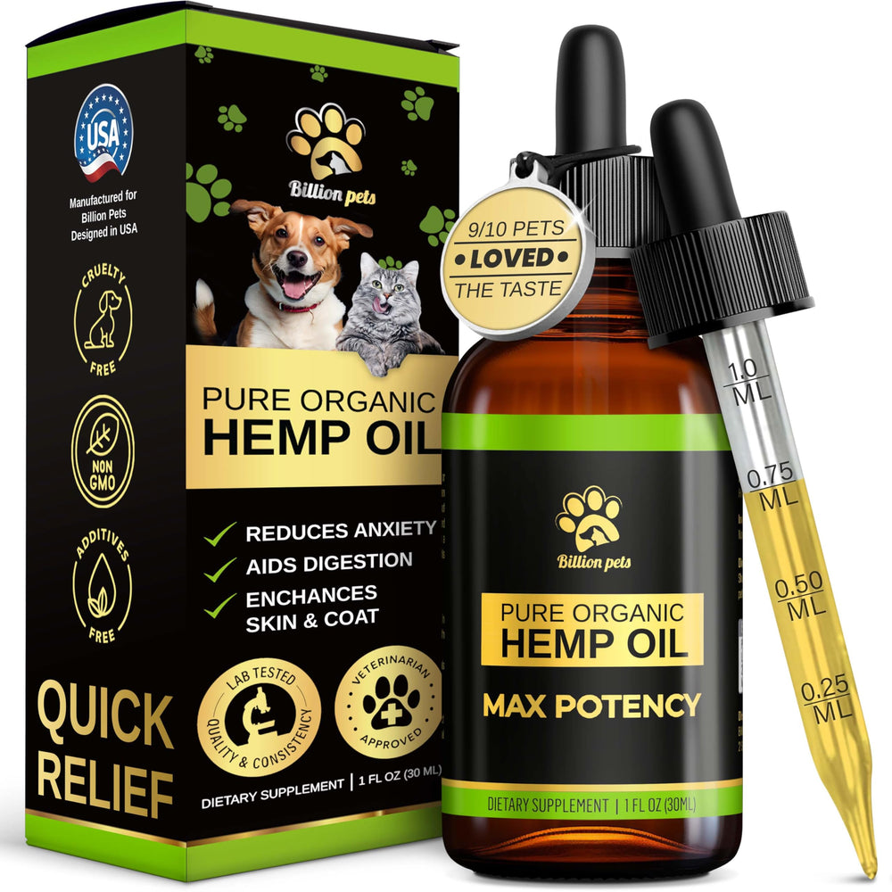 Billion Pets hemp oil bottle for dogs promoting calm focus
