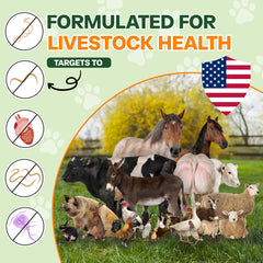 Bingbrofam dewormer liquid dosing shows flexible mixing with feed or water.