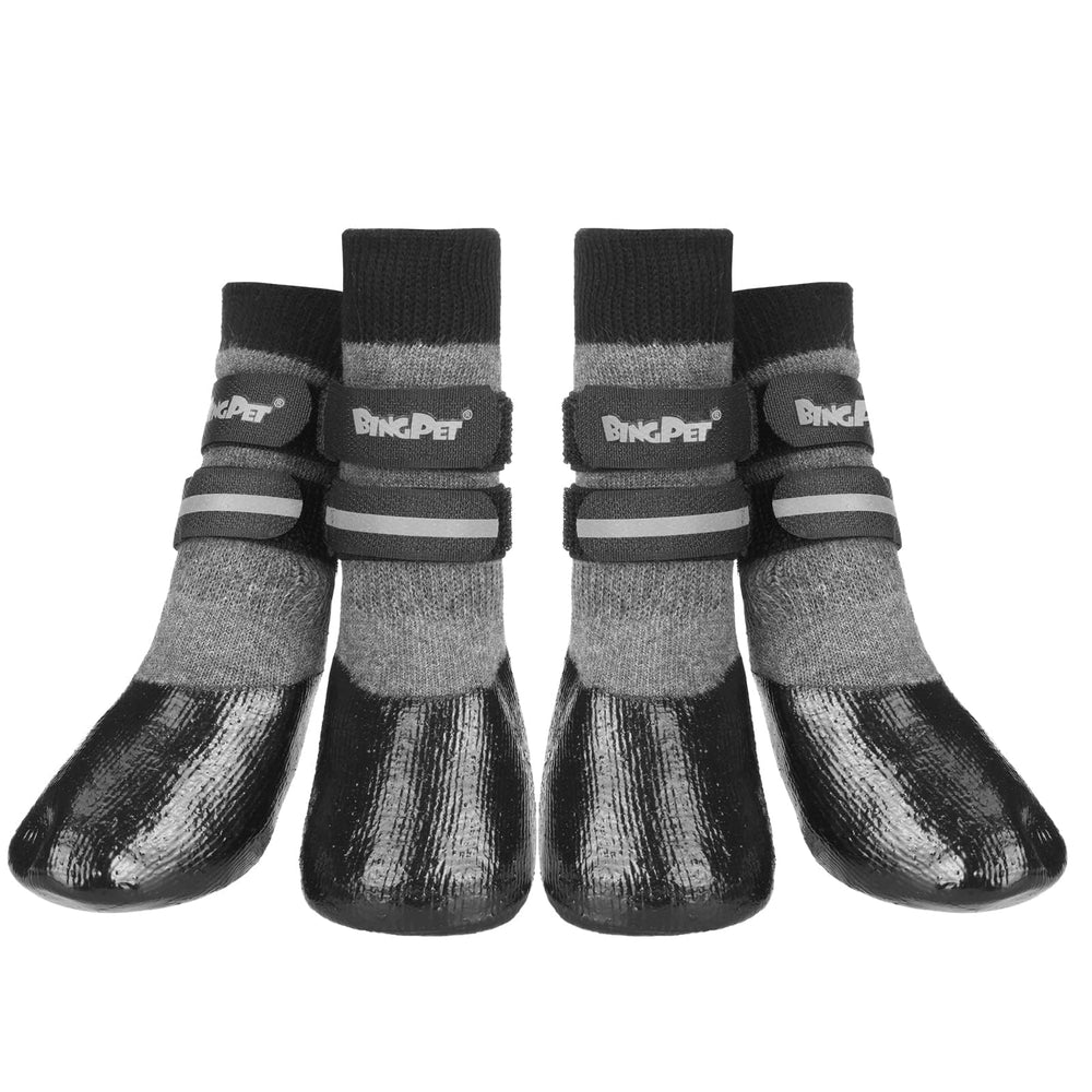 BINGPET dog socks packaging showing all-season paw protection and easy sizing options.