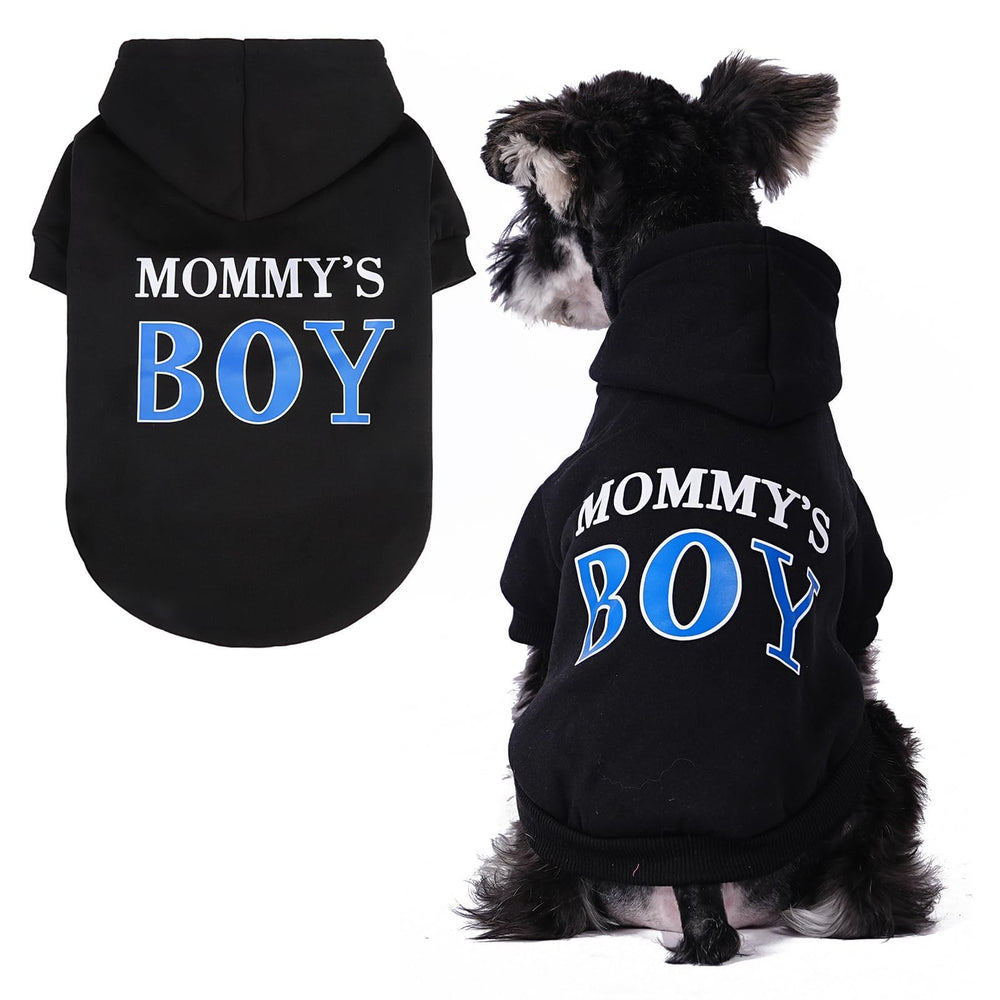 BINGPET Mommy's Boy dog sweater front view shows cozy fleece warmth for chilly walks.