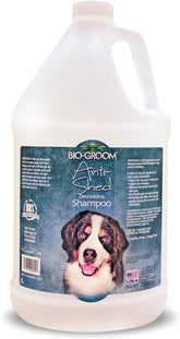Bio-Groom deshedding shampoo bottle reduces shedding on double coats.