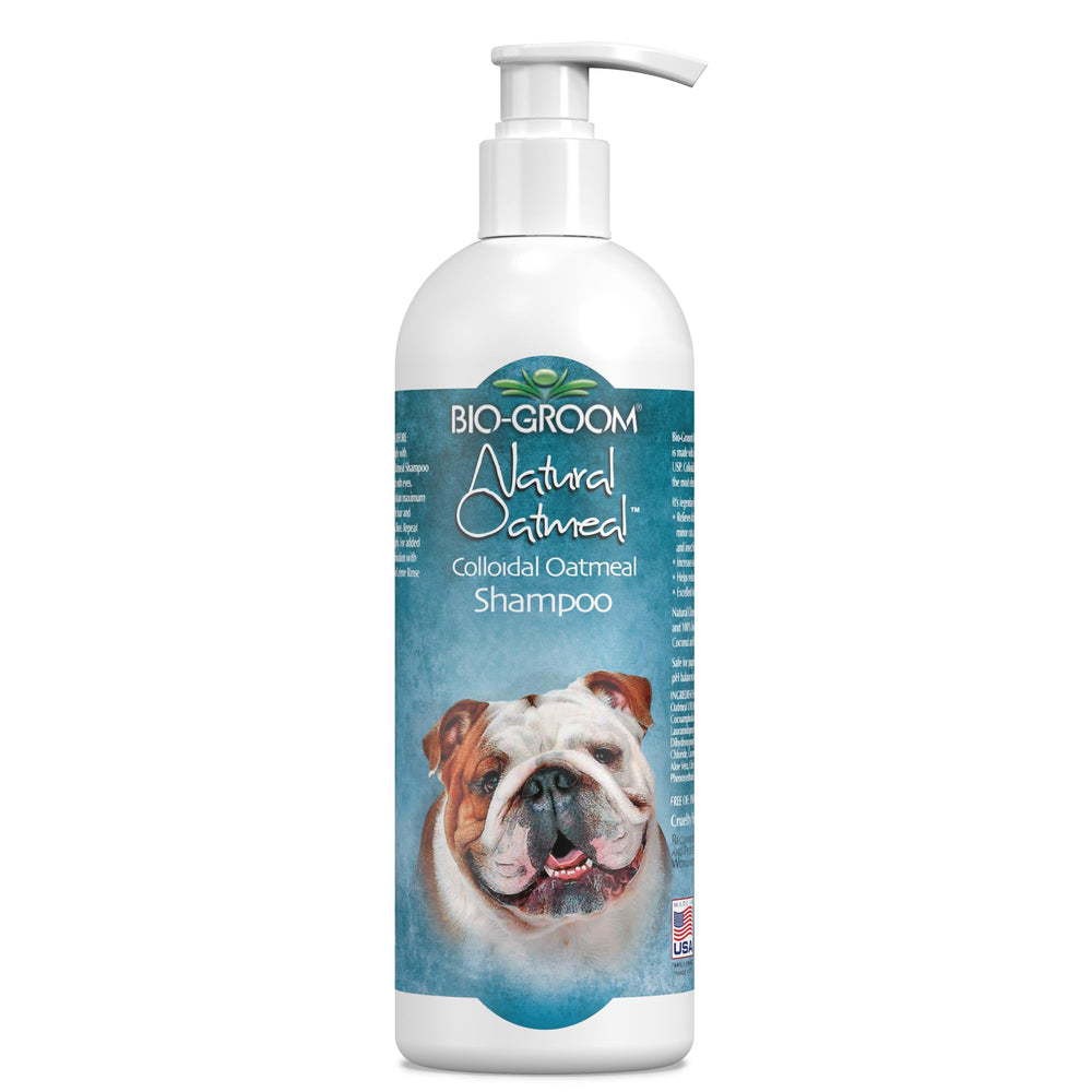 Bio-Groom Oatmeal shampoo front label shows a gentle anti-itch formula for sensitive skin.