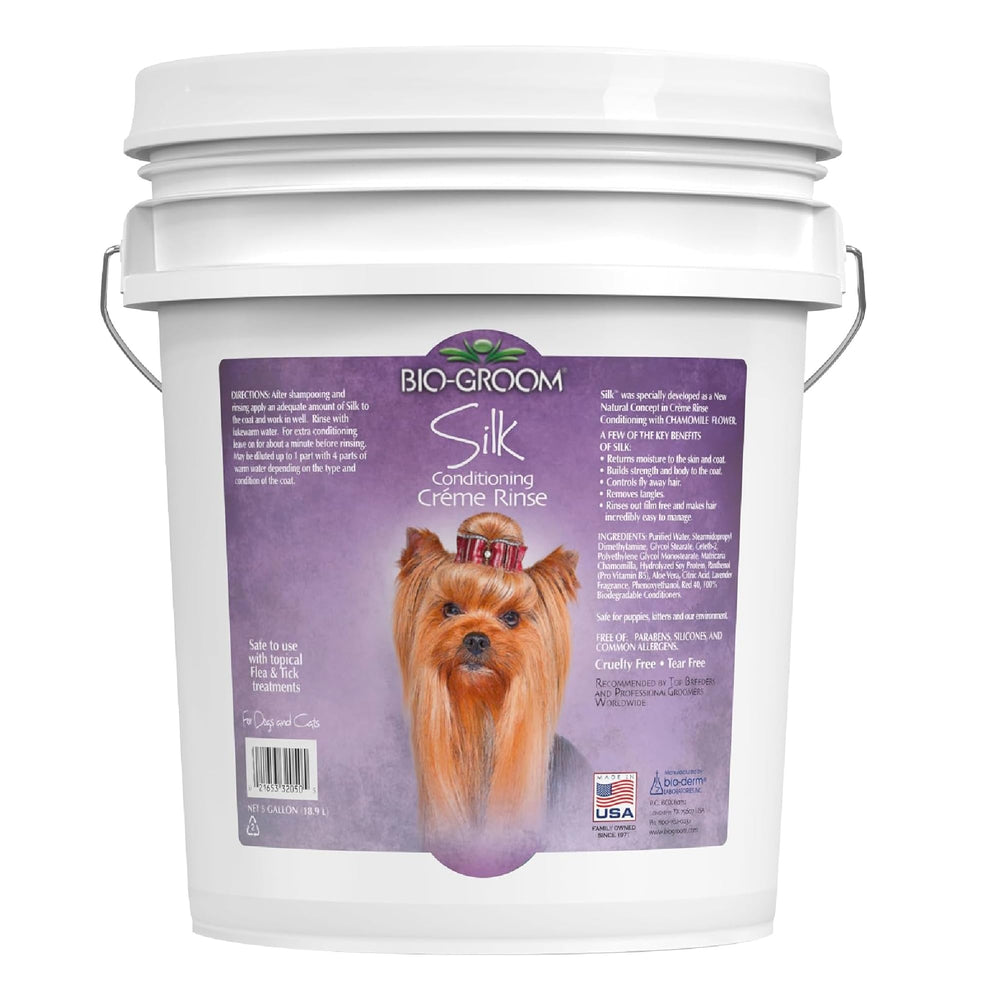 Bio-Groom Silk Creme Rinse bottle promotes a silky coat after bath