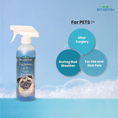 Bio-Groom Waterless Dog Shampoo label close-up shows tearless, pH-balanced formula.