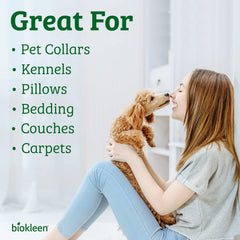 Biokleen Bac-Out bottle spraying on carpet to remove pet odor safely.