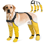 BiPawTi dog suspender boots assembly demonstrates secure four-leg suspender system to prevent boot loss.