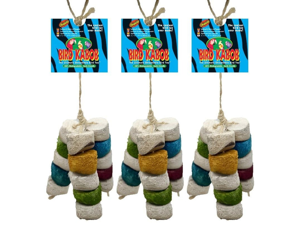 Bird Kabob Chiquito tri-pod bird toy with colored yucca chunks for shredding and enrichment.