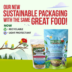 Bird Street Bistro variety-pack parrot food offers multiple flavors for enrichment and feeding variety.