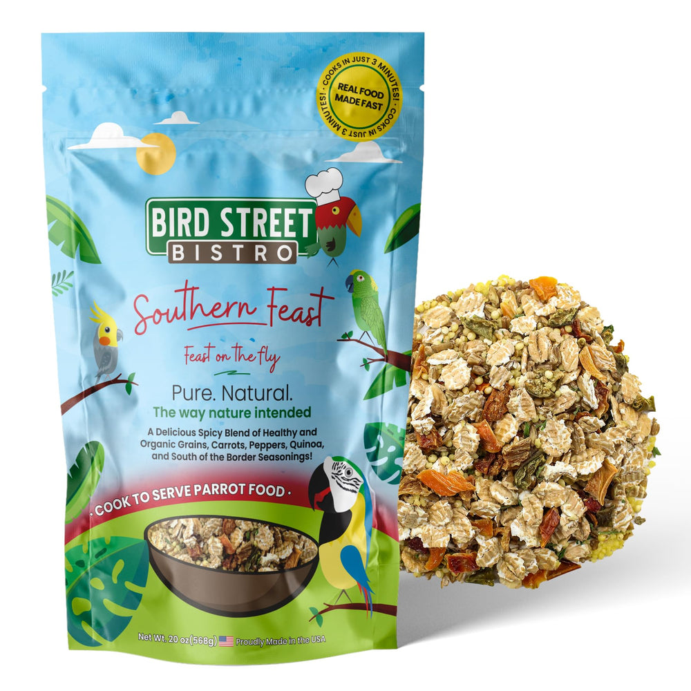 Bird Street Bistro Southern Feast packaging—quick, ready-to-serve parrot food.