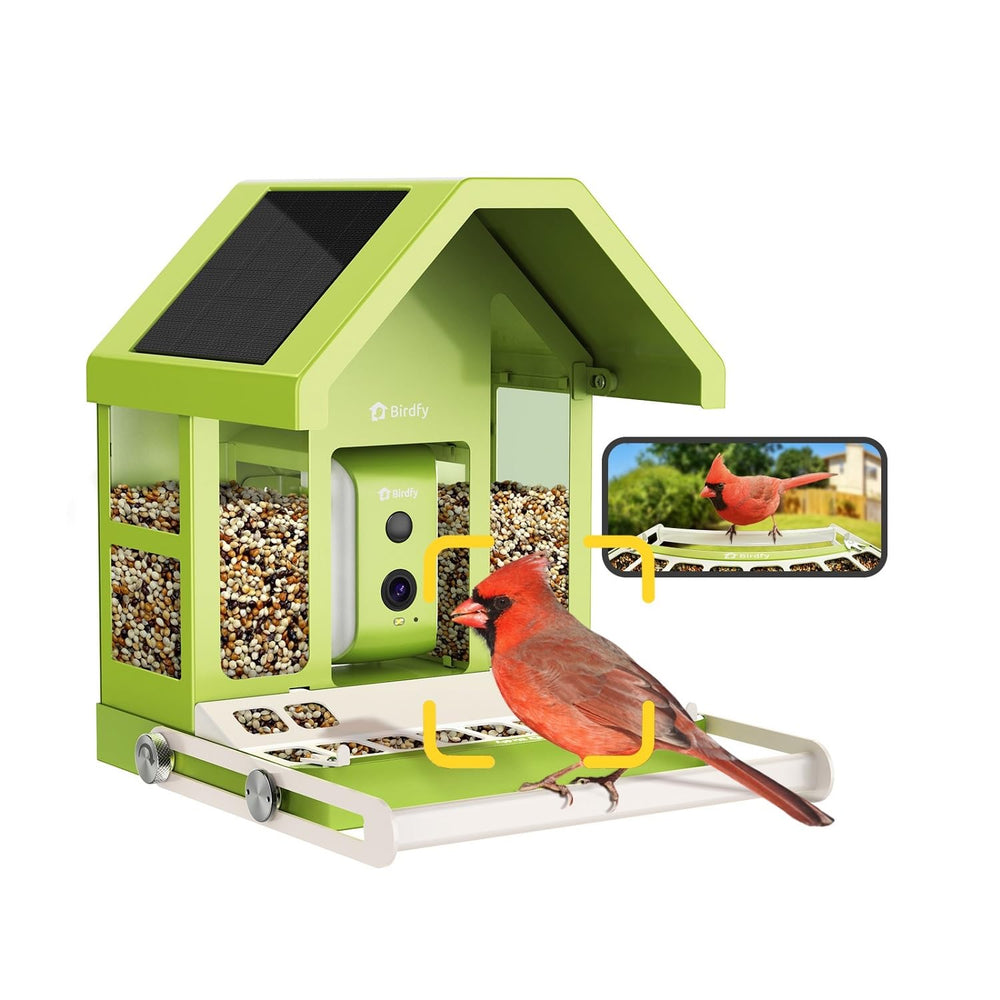 Birdfy Smart Bird Feeder Camera outdoor setup highlights durable all-metal construction for weather-ready backyard viewing.