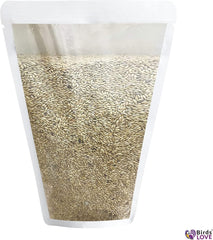 Birds LOVE Alpiste seed closeup highlights double-cleaned, low-dust seeds.