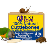 Birds LOVE Natural Cuttlebone packaging displays premium calcium for beak conditioning.