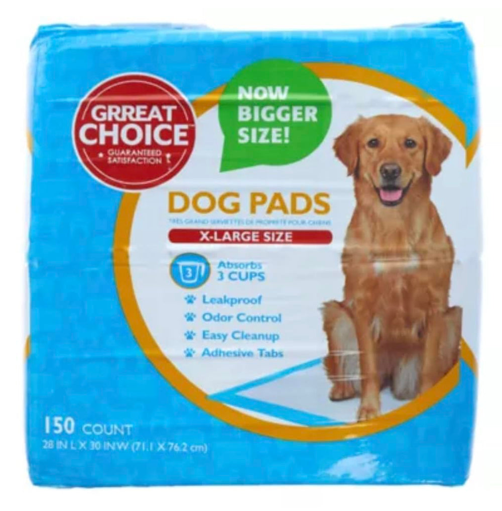 Birsppy Grreat Choice X-Large dog pads packaging showcases leakproof protection for indoor use.