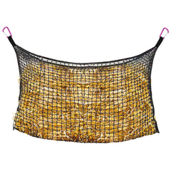 B BLOOMOAK knotless hay net in open-top design reduces hay waste in stalls.