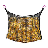 Bloomoak knotless slow-feed hay net in open-top view showing gentle mouth contact and steady hay access