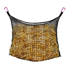 Bloomoak knotless slow-feed hay net in open-top view showing gentle mouth contact and steady hay access