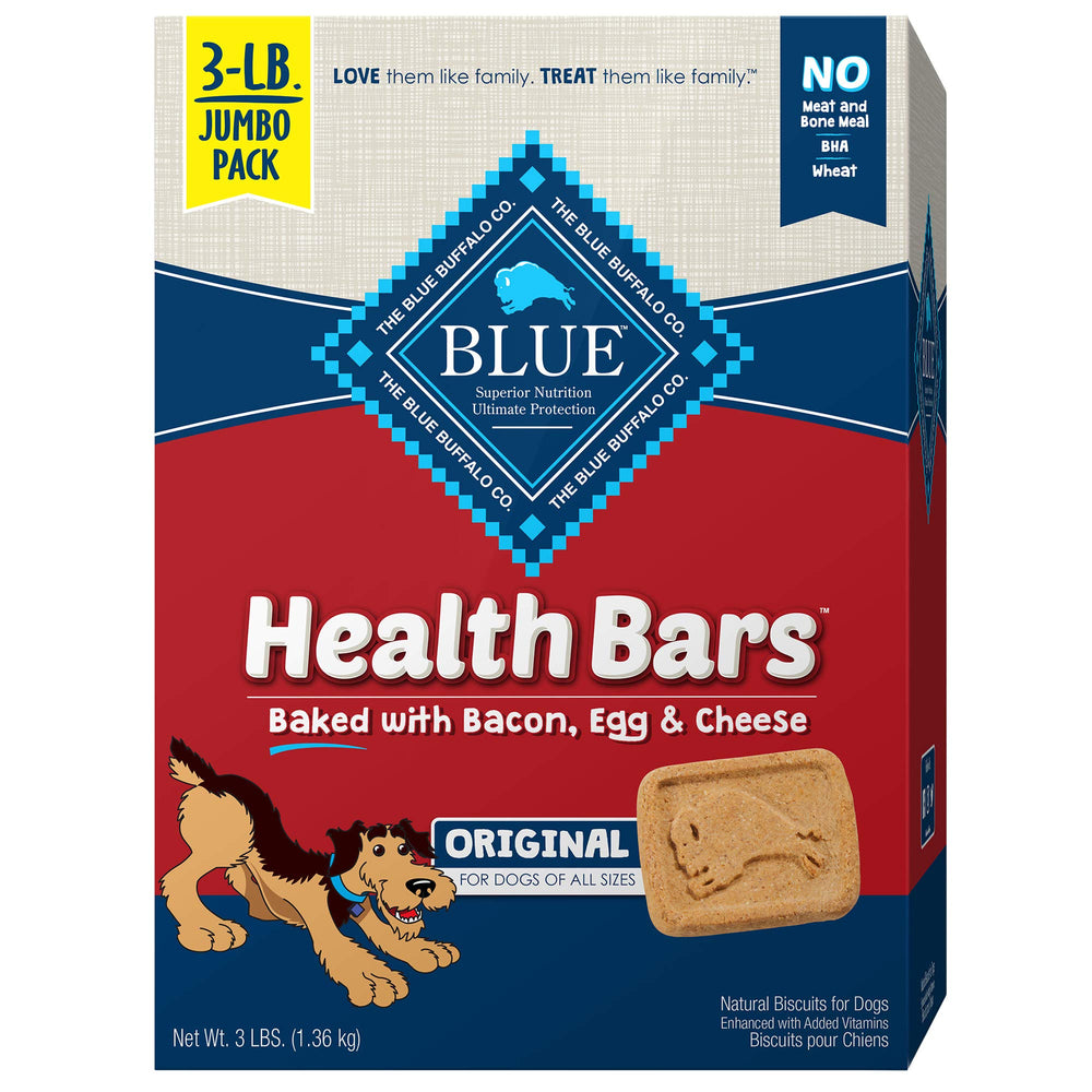Blue Buffalo Health Bars bacon egg cheese crunchy treats box emphasizes oven baked crunch