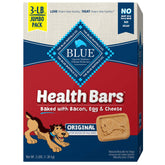 Blue Buffalo Health Bars bacon egg cheese crunchy treats box emphasizes oven baked crunch