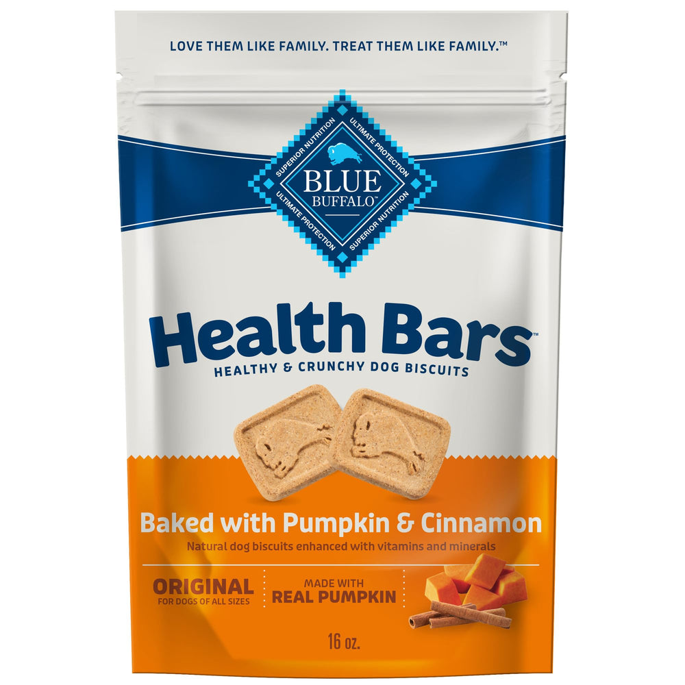 Blue Buffalo Health Bars pumpkin cinnamon bag front view, wholesome ingredients shown.