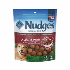 Blue Buffalo Nudges Homestyle Beef and Rice bag shows real beef for a tasty reward.