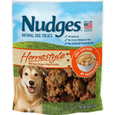 Blue Buffalo Nudges Homestyle Chicken bag front, showing wholesome chicken rewards for dogs.