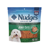 Blue Buffalo Nudges Jerky Cuts bag and dog enjoying a treat, ideal for daily rewards.