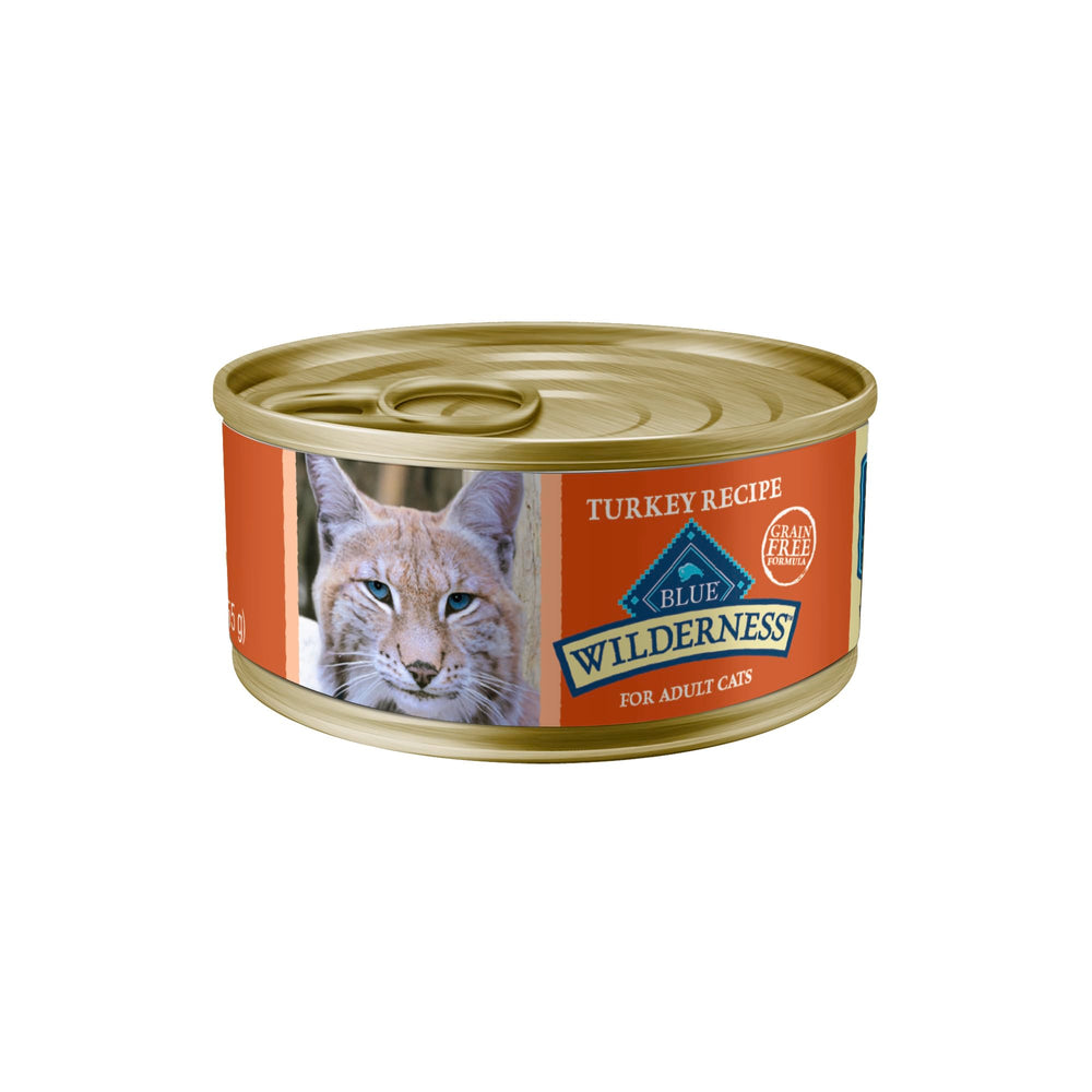 Blue Buffalo Wilderness turkey pate can closeup highlighting real turkey flavor for active cats