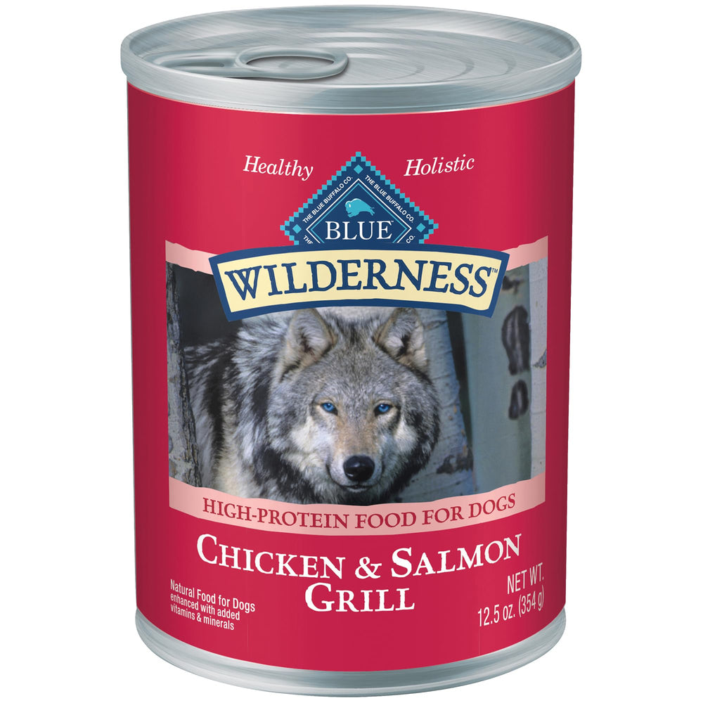 Blue Buffalo Wilderness wet dog food with salmon first ingredient boosts protein and flavor.