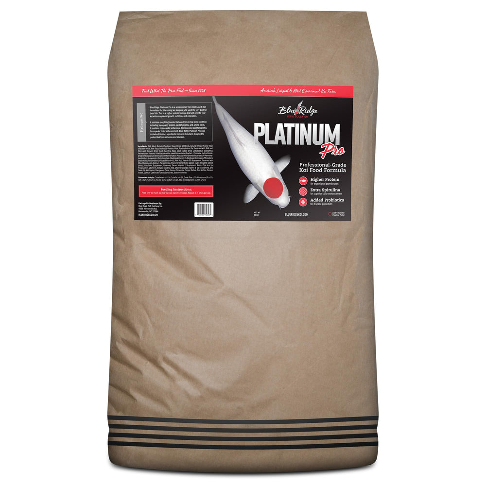 Blue Ridge Koi Food 50lb bag showing premium floating pellets for easy feeding