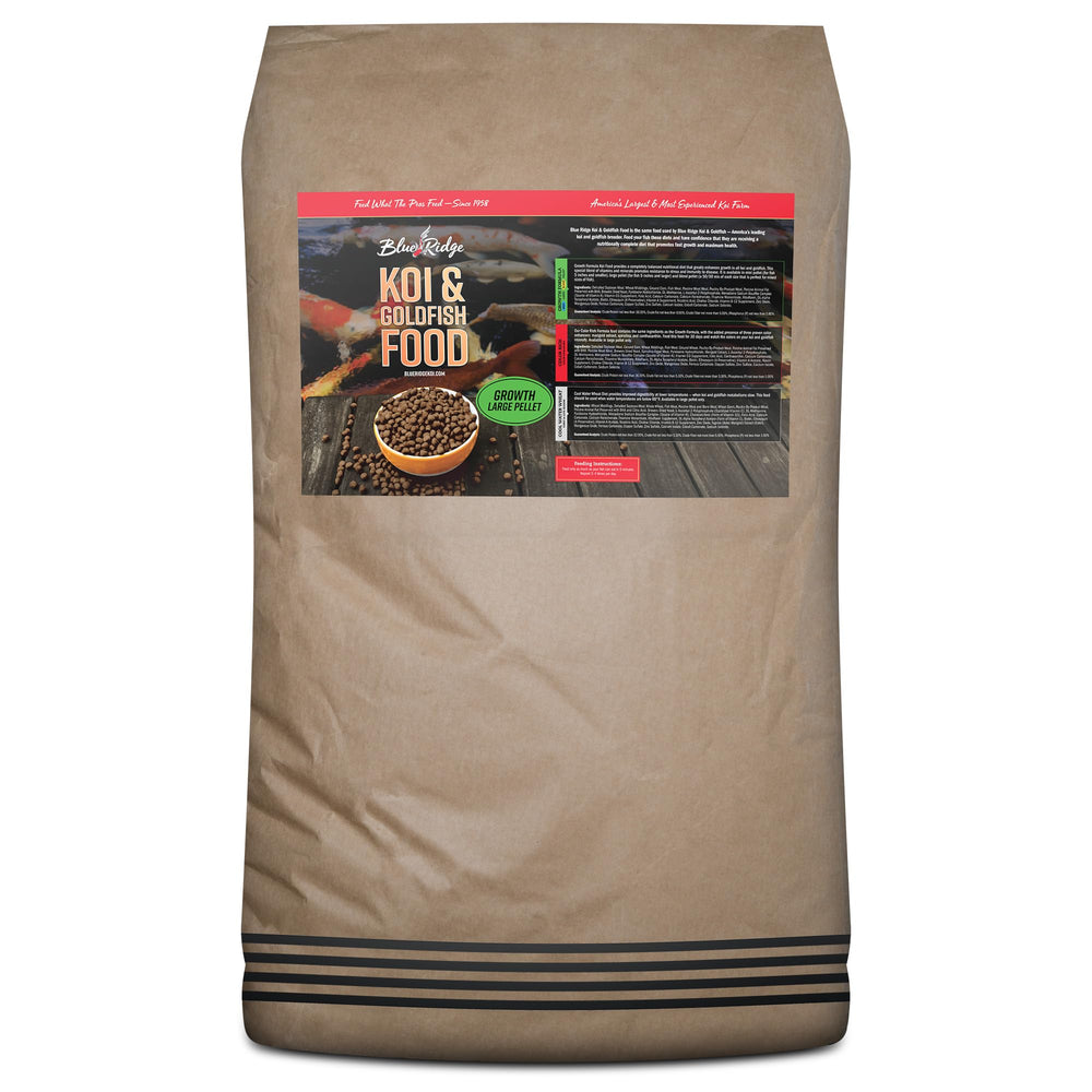 Blue Ridge Koi Fish Food 50lb bag closeup for convenient pond feeding and long-term storage.