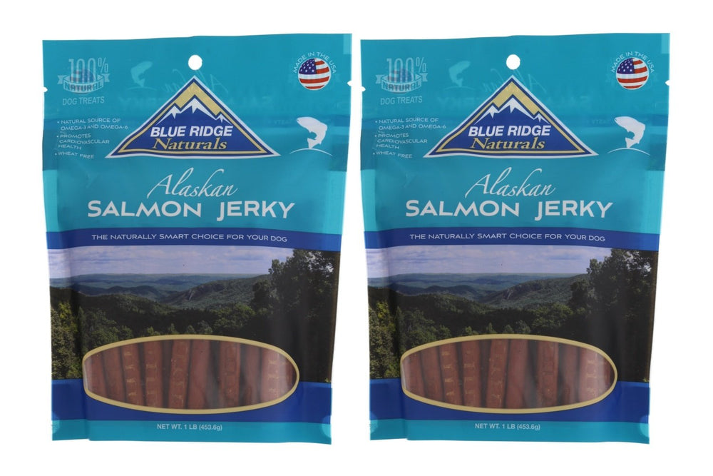 Blue Ridge Naturals Alaskan Salmon Jerky two-pack for dogs supports coat health with real salmon flavor.