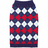 Blueberry Pet Chic Argyle dog sweater in navy provides warm, stylish coverage.