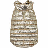 Blueberry Pet cozy windproof quilted dog jacket in gold worn by small dog