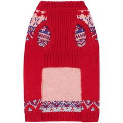 Blueberry Pet Icelandic Lopi Pullover Holiday Red worn-dog model highlights easy on-and-off convenience.