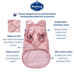 Blueberry Pet windproof quilted jacket front view with easy-on/off design