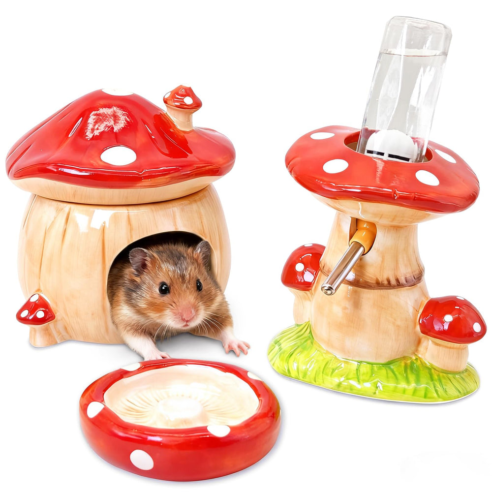 BNOSDM 3-in-1 ceramic hamster hideout with mushroom design in red for cozy habitat.